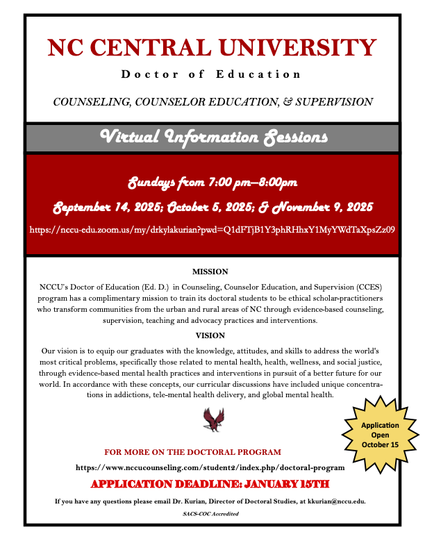 Flyer for information sessions: Sept 14, Oct 5, Nov 9 at 7pm Eastern Time